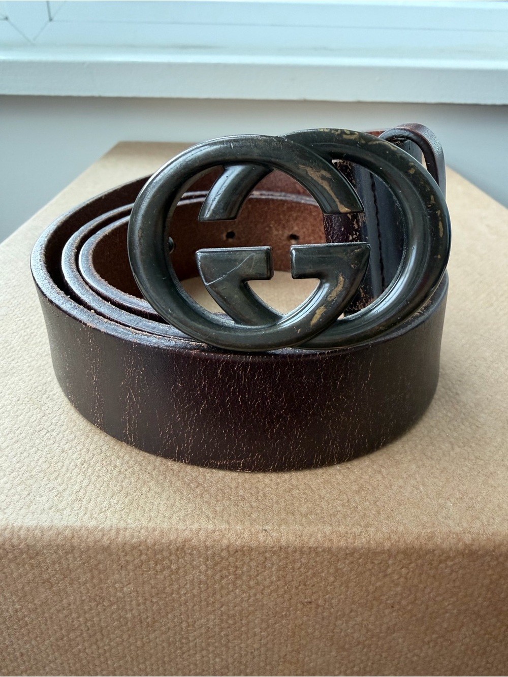 Authentic Gucci Men's Brown Leather Logo Buckle Belt size 85•34 Used